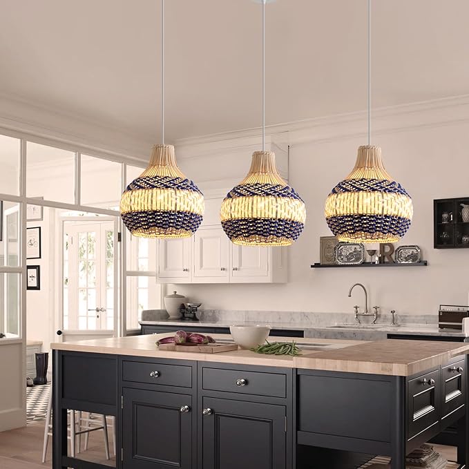 3-Pack Rattan Pendant Light,11In Blue White Hanging Light Hand-Woven Rattan Chandelier for Dining Living Bedroom Kitchen Farmhouse