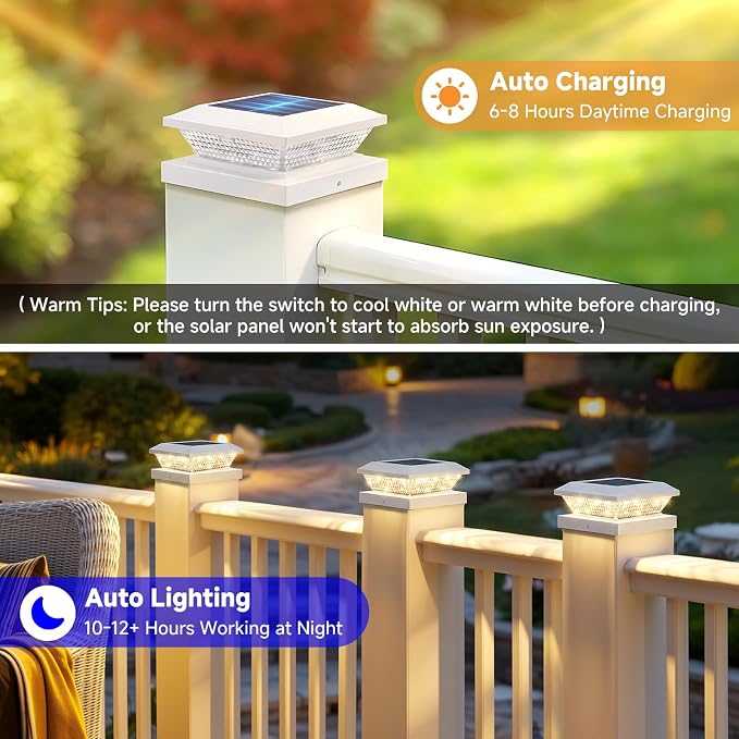 Mlambert 4x4 Solar Post Cap Lights Outdoor 4 Pack, Waterproof Solar Fence Light for Wooden/Vinyl Post, 2 Color Outside Deck Patio Porch Decor, White