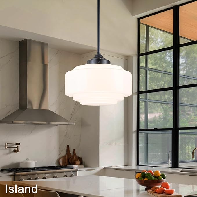 Schoolhouse Pendant Light, 14" Mid Century Pendant Lighting Fixture Vintage Milk Glass Chandelier with Black Metal for Dining Room Kitchen Island Bedroom Hallway, Adjustable Height (E26)