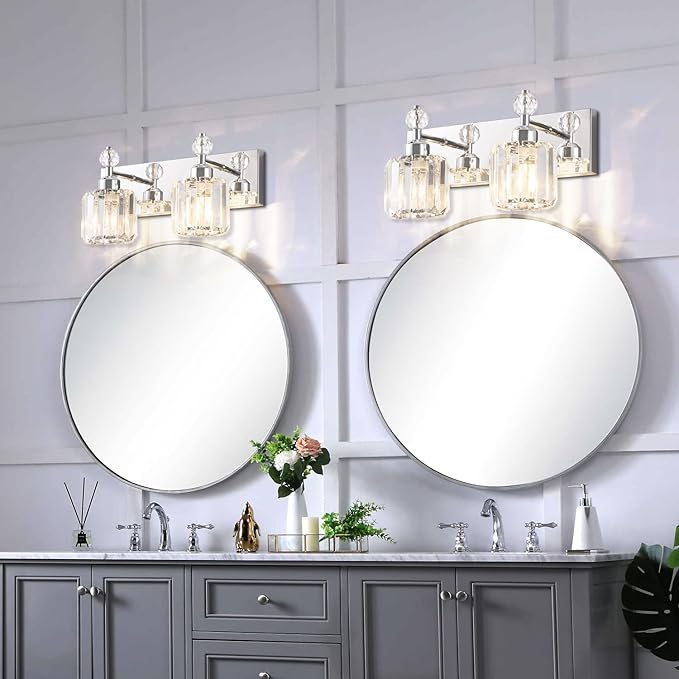 PRESDE Modern Crystal Chrome 2 Light Bathroom Vanity Light for Bathroom Lighting Fixtures Over Mirror Wall Sconce