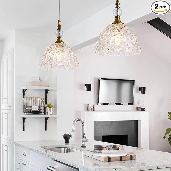 2 Pack Modern Bronze Glass Pendant Light 7.68 in Dome Light Fixture with K9 Crystal Ball Adjustable Height Vintage Brass Hanging Lights for Kitchen Island Bedroom Dining Room Living Room