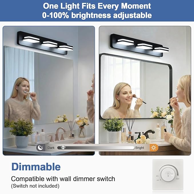 360° Rotate LED Dimmable Bathroom Vanity Light Fixtures, 1300LM Acrylic Matte Black Vanity Lights for Bathroom, Modern Wall Lighting Fixtures Over Mirror Kitchen Living (Natural White Light 5000K)