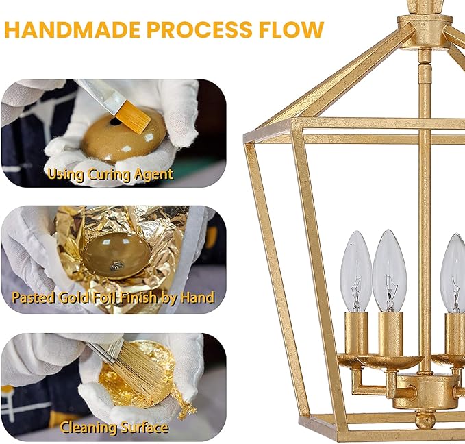 Untrammelife 4-Light Gold Lantern Pendant Light, Adjustable Height Metal Geometric Light Fixture 12'' Classic Cage Chandelier for Kitchen Island Hallway, Hand-Pasted Gold Foil Finish