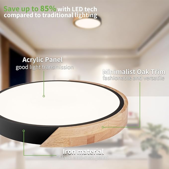 Modern LED Ceiling Light for Bedroom: Minimalist Wood Flush Mount Ceiling Light Fixture with Acrylic Lampshade - 4500K Not Dimmable Overhead Ceiling Lamps for kitchen hallway living room (11.8" Black)