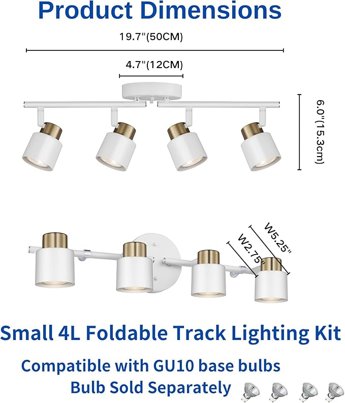 4 Light Track Lighting Kit, Matte White Brass Finish Adjustable with Modern Flush Mount Ceiling Spotlight for Kitchen,Dining,Living Room,Home Improvement