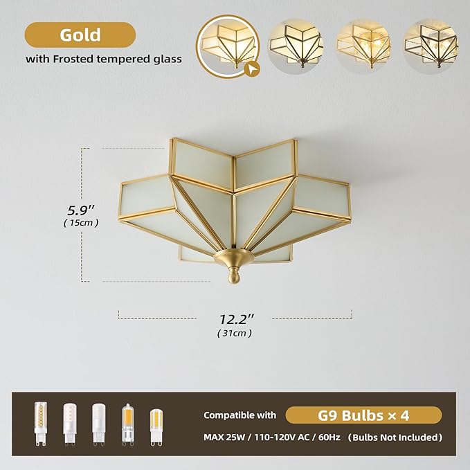 Star Brass Vintage Ceiling Light - 12.2 in Small Milk Glass Antique Brushed Gold Flush Mount Fixture, Mid Century Art Deco Overhead Lighting for Kitchen Hallway Bedroom Bathroom Laundry Entryway Hall