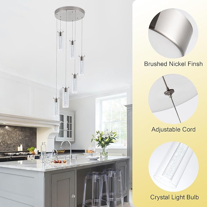 Pendant Lights Kitchen Island Brushed Nickel, Dimmable LED Pendant Light Fixtures with Remote, Modern Kitchen Pendant Lighting Over Island for Dining Room & Bar Counter 3000K-6000K