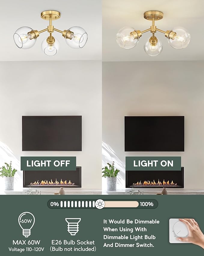 3-Light Semi Flush Mount Ceiling Light, Modern Light Fixtures Ceiling Mount with Globe Clear Glass Shade, Brushed Gold Light Fixtures for Kitchen Entryway Hallway Bedroom, SM195-BG-3