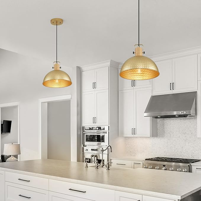 12 Inch Gold Pendant Lights Hammered Matte Pendant Lights for Kitchen Island Industrial Farmhouse Adjustable Height Dome Hanging Light Fixtures for Barn, Dining Room 3 Packs