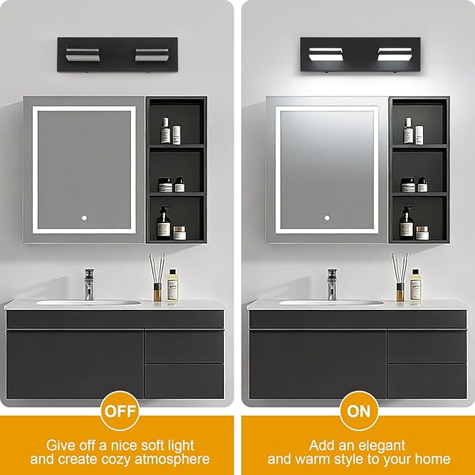 SineRise LED Modern Bathroom Vanity Light Fixtures (2-Light, 15.5-Inch, Dimmable), Matte Black Modern Acrylic Bathroom Wall Lighting Fixtures Over Mirror (Cool White 6000K)