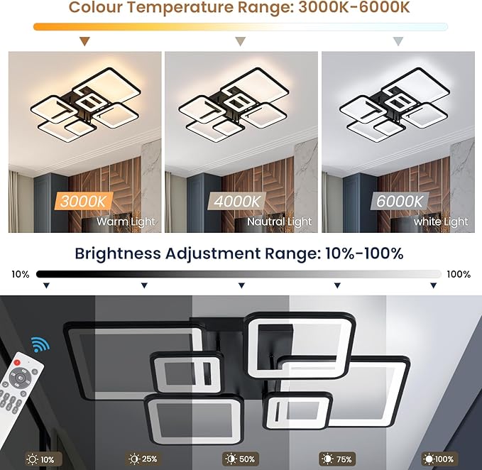 31.5''Dimmable Modern LED Ceiling Light Black 6Rings Square Ceiling Lamp 3000K-6500K Flush Mount Ceiling Lightwith Remote for Dining Room, Kitchen, Living Room