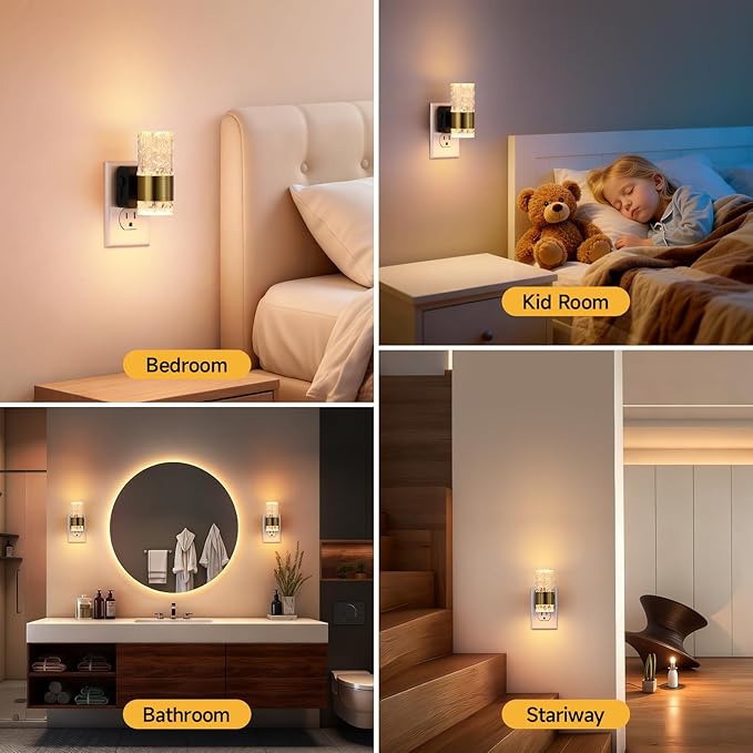 LED Night Lights Plug Into Wall, Dimmable Wall Night Lights 3000K 0-100LM Adjustable Nightlight with Gold Ambiance Lighting for Bathroom, Kitchen, Hallway, Bedroom 2 Pack