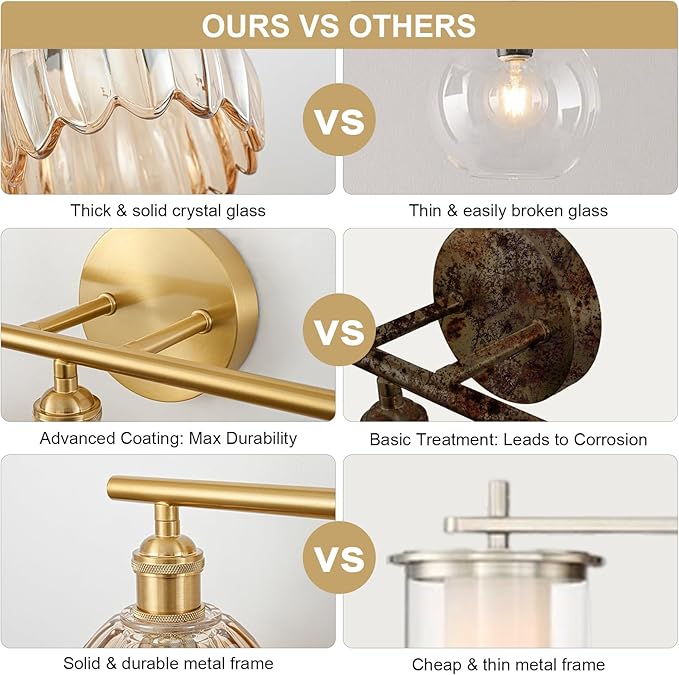 Gold Bathroom Light Fixtures Over Mirror, 3 Light Bathroom Vanity Light Fixture with Tulip Amber Glass Lampshade, Vintage Vanity Lights for Bathroom, Bathroom Vanity Lights Over Mirror