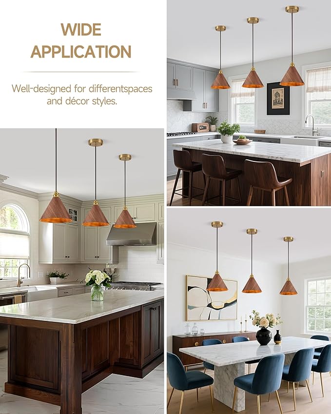 3 Pack Pendant Lights Kitchen Island, 8.3” Small Wood Pendant Light, Adjustable Height Hanging Light Fixtures, Kitchen Island Lights for Dining Room, Bedroom, Hallway, Bar (Walnut)