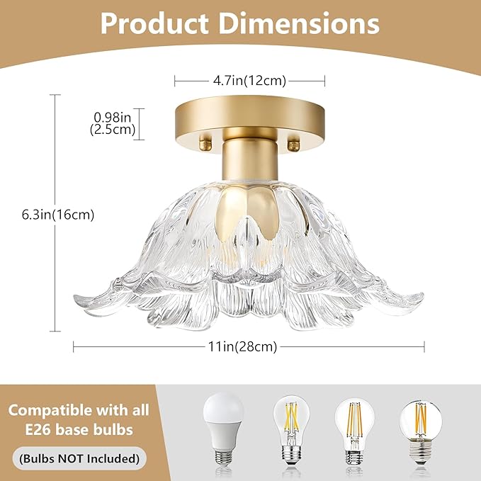 Modern Flower Glass Ceiling Light, Mid-Century Lighting Fixtures, Gold Semi Flush Mount Ceiling Light for Hallway, Kitchen, Laundry Room, Bathroom, Entryway, 11 in