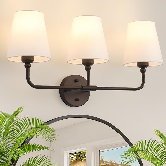 Bathroom Light Fixtures, 3-Light Oil Rubbed Bronze Vanity Lights, 24.5" Bathroom Lighting Fixtures Over Mirror with White Fabric Shade, Modern Wall Sconces for Bedroom Living Room Hallway