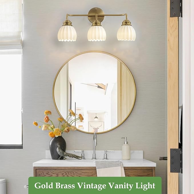 3 Light Vintage Bathroom Light Fixtures, Gold Bathroom Vanity Light, Brass Finish with White Tulip Glass Shade, Wall Lighting for Bedroom, Living Room, Hallway,E26 Base