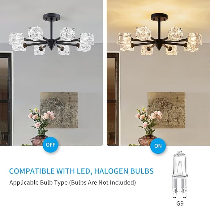 XINGQI 8 Lights Ceiling Light Fixture Farmhouse Semi Flush Mount Ceiling Light Industrial Black Glass Sputnik Chandelier for Bedroom Hallway Dining Room Powder Room