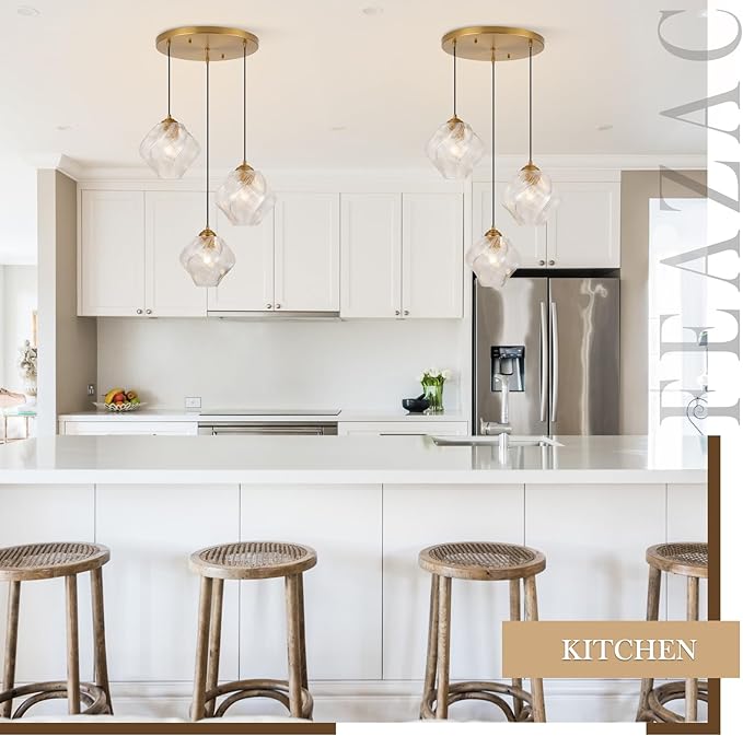 3-Light Cluster Pendant Lights, Mid Century Modern Cluster Chandelier with Ribbed Glass, Brass Gold Pendant Lighting for High Ceiling, Kitchen Island, Staircase, Dining Room, Living Room