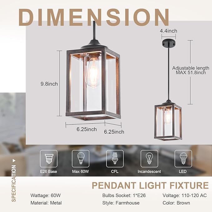Farmhouse Pendant Light in Wood and Metal Cage, Rustic Pendant Light with Glass, Adjustable Hanging Light Fixtures, Mini Pendant Lighting for Kitchen Island, Hallway, Foyer (Square Brown-2 Pack)