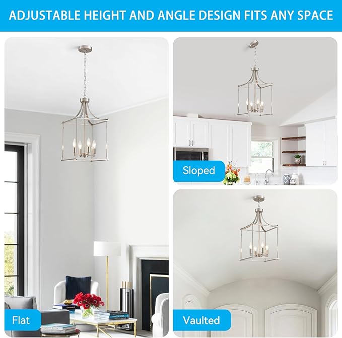 XINGQI Farmhouse Brushed Nickel Chandeliers for Dining Room, Geometric 4 Light Hanging Lantern Pendant Light Fixture for Staircase Foyer Kitchen Island Dinning Room Living Room