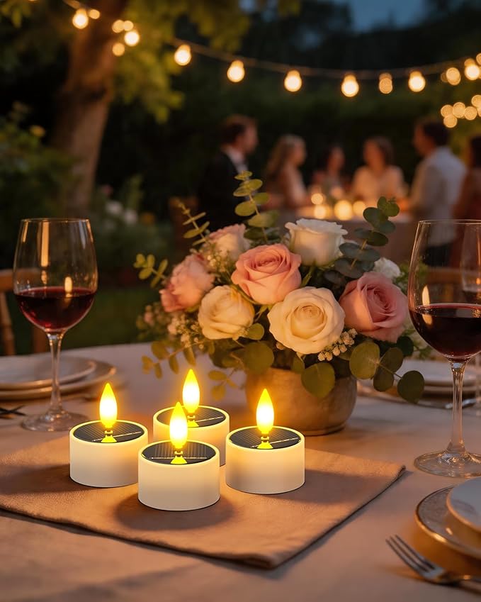 Yme Solar Tea Lights Outdoor Waterproof, 12 Pack Flickering Flameless Solar Candles with Dusk to Dawn Sensor, Rechargeable LED Votive Tealights for Lanterns Garden Patio Wedding Party Decor