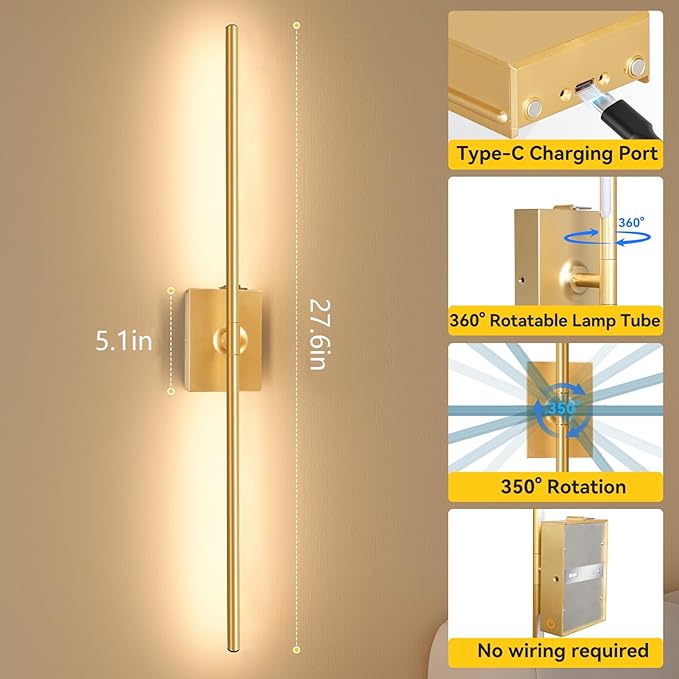 Ouyulong Battery Operated Wall Sconces Set of 2, 10000mAh Wireless Rechargeable 3000-6000K Dimmable 350° Rotate Wall Light with Remote for Living Room, Bedroom 27.6in Gold