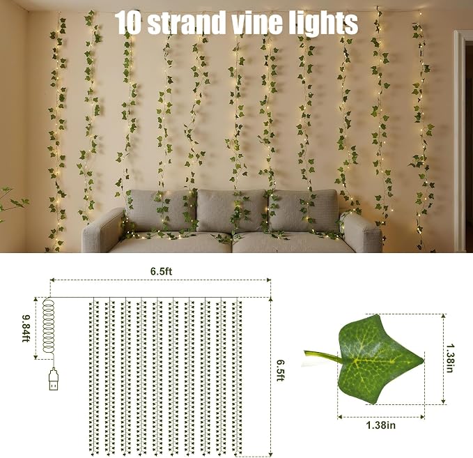 Bexdir 200 LED Vine Lights for Bedroom Decoration, 6.6x6.6ft Pre-Assembled Hanging Fake Vines with Fairy Lights Plug in, Aesthetic Artificial Ivy Curtain Lights for Room Wall Decor, Remote Included
