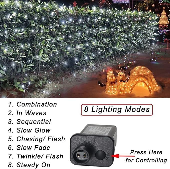 Pooqla 610 LED Christmas Net Lights, 34.5x5ft Outdoor Mesh Lighting, 8 Modes Waterproof Connectable Twinkle Strings for Bushes Yard Decor, Cool White