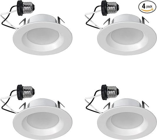 LEDVANCE Sylvania 4” LED Recessed Lighting Downlight with Integrated Trim, 8W=50W, Dimmable, 550 Lumens, White 3000K, Wet Rated/UL/Energy Star - 4 Pack (62027)