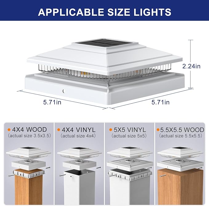 APONUO Solar Post Cap Lights 6-Pack, White IP64 Waterproof 16 LED Fence Post Solar Lights for 4x4 5x5 6x6 Wood/Vinyl Posts, 2-Mode Deck Post Lights Solar Powered, 10-Hr Lighting for Patio Yard Porch