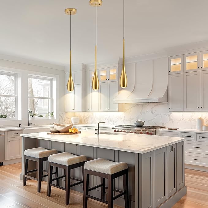 Gold Pendant Light, Modern Pendant Lights Kitchen Island, LED Hanging Light Fixtures for Dining Room Hallway Bedroom 3 Pack 3000K