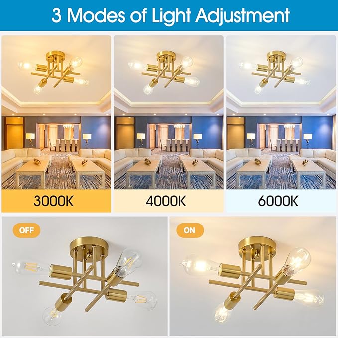 EGM Gold Semi Flush Mount Ceiling Light, 4-Light Modern Kitchen Light Fixture with E26 Base, Ceiling Lamp for Bedroom, Sputnik Chandelier for Dining Room Living Room Foyer Office (1 Pack)