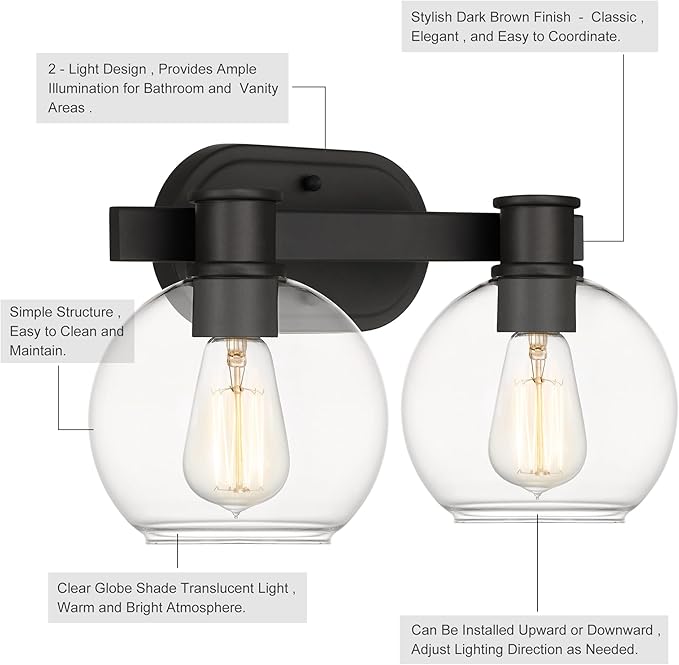 Tawson Dan Modern Farmhouse 2-Light Vanity Light Wall Sconce Lighting with Clear Glass Globe Shade in Light Black Finish for Bedroom, Hallway, Kitchen