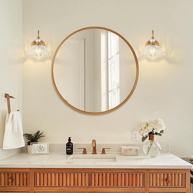 1 Piece Vintage Wall Sconce with Floral Clear Glass Shade, Matte Deep Brass Finish Wall Mount Lighting for Bathroom,Vintage Bathroom Vanity Light Fixture