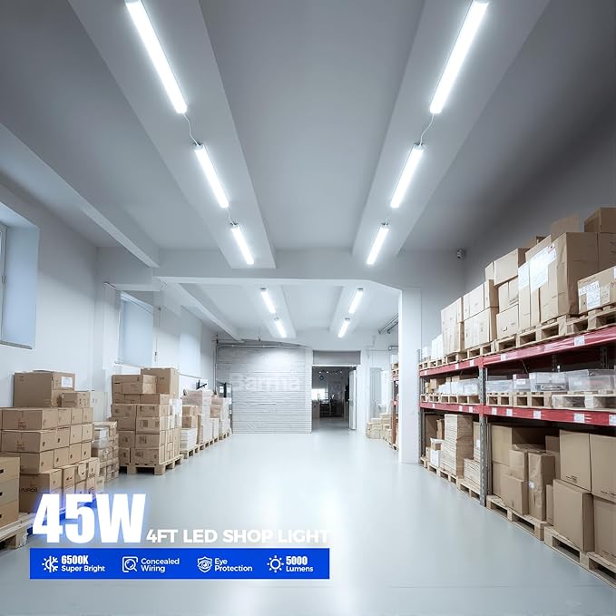 Barrina LED Shop Lights 4FT, 6500K Super Bright White, 45W, 5000LM, Hidden Wiring, Linkable 4FT Light Fixture Cord with ON/Off, Frosted Cover, LED Ceiling Light for Workshop, Garage, Kitchen, 6 Packs