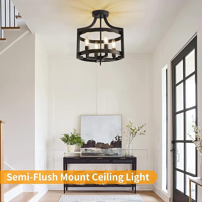 Farmhouse Chandelier Rustic Black Hanging Pendant Light Fixture, Adjustable Metal Lantern lCeiling Light for Kitchen Island Dining Room Living Room Bedroom Foyer Entry