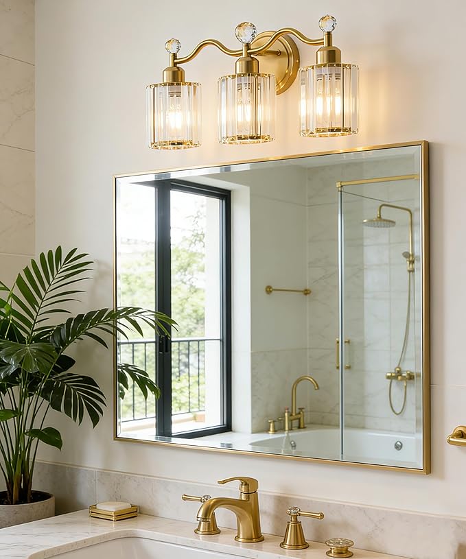 Bathroom Vanity Light Fixtures 3-lights, Gold Crystal Vanity Lights for Bath, Bathroom Lights Fixture with Clear Crystal Glass Shade, Modern Wall Light over Mirror, Wall Sconces Light for Hallway