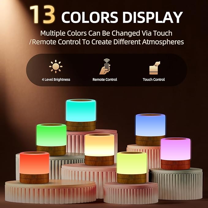 Portable Night Light for Kids, USB Rechargeable Small Desk Lamp,13 RGB Colors & 4 Brightness & 1 Remote, Touch Bedside Table Lamp for Nursery Bedroom Living Room Home (Wood Grain)