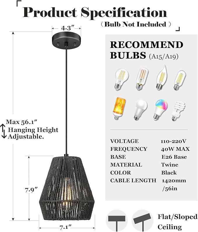 Woven Pendant Light Fixtures, ELYONA 7" Farmhouse Coastal Hanging Lamp with Matte Black Handwoven Rattan Basket Shade Modern Boho Pendant Light for Kitchen Island Dining Room Bar Bedroom Foyer Hallway
