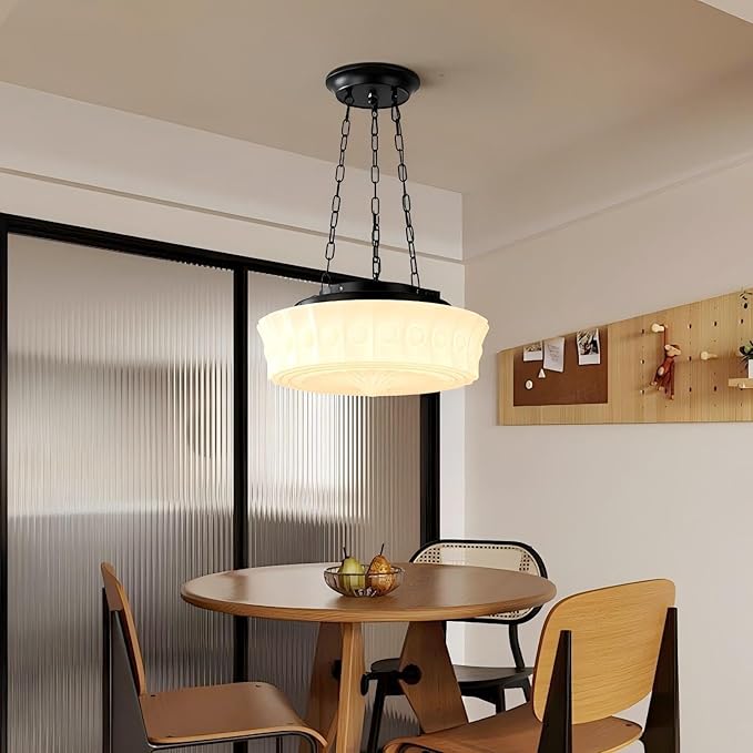 LIGHTLAND Milk Glass Pendant Light, 13.8 Inch Mid Century Semi Flush Mount Ceiling Light Fixture with 39.4 Inch Adjustable Chain, Vintage Chandelier for Bedroom, Living Room, Dining Room, Hallway