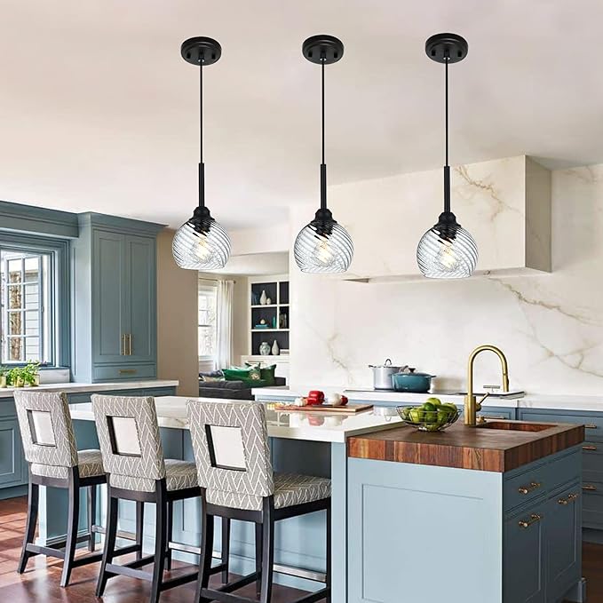3 Pack Dining Room Light Fixtures Hanging with Clear Striped Swirl Globe Glass, Stylish Kitchen Island Hanging Pendant Light Black for Bar Hallway Bedroom, 1-Light