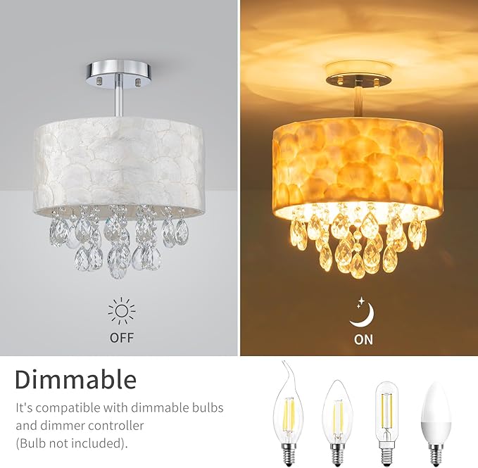3-Light Capiz Shell Crystal Ceiling Light, Coastal Design Semi-Flushmount Drum Light Fixture for Hallway, Living Room, Bedroom, Clear Crystal & Shell Lampshade & Chrome Finish Frame