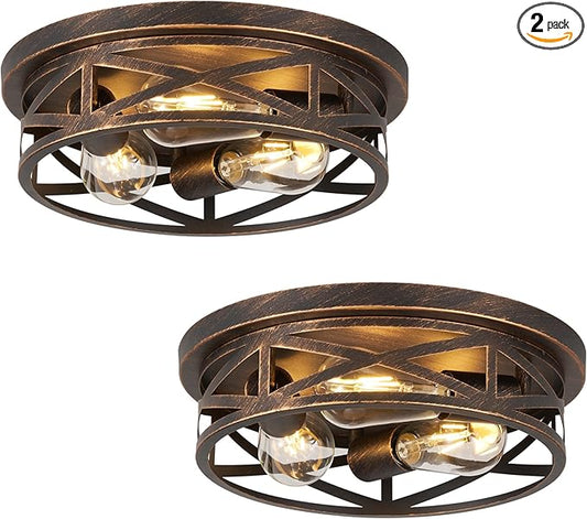 2 Pack Flush Mount Ceiling Light, 3-Light Close to Ceiling Light Fixtures, 13 Inch Farmhouse Cage Style Ceiling Lights for Bedroom, Living Room, Porch Kitchen (Black + Gold)