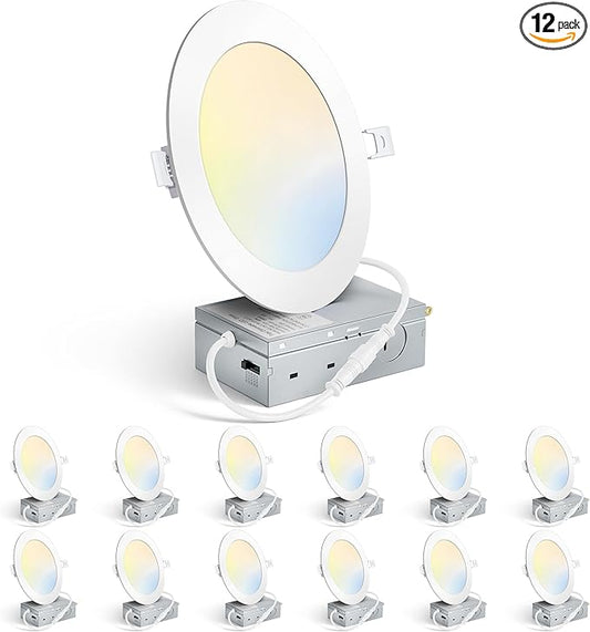 MAXvolador 12 Pack 6 Inch LED Recessed Ceiling Light with Junction Box 1200LM High Brightness, 2700K-6000K 5CCT Dimmable, 12W Ultra-Thin Canless Wafer Downlight
