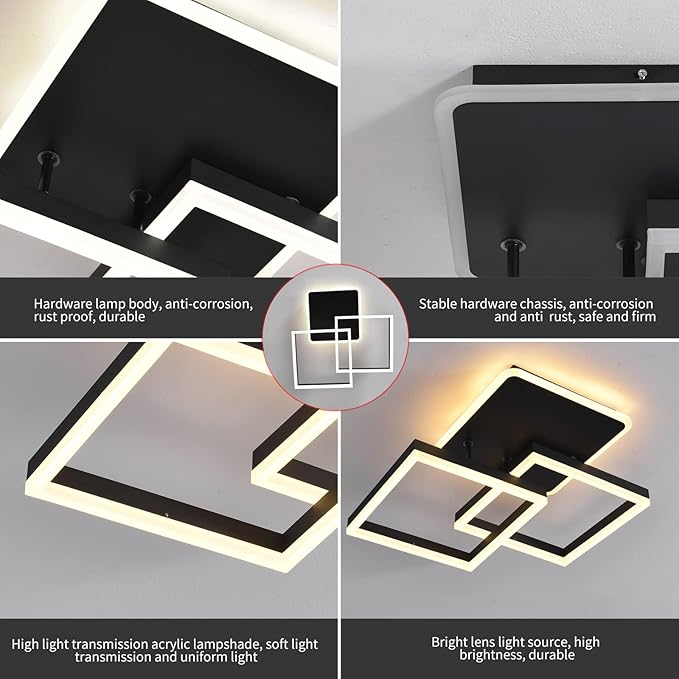 Garwarm Modern LED Ceiling Light, Dimmable 3 Heads Squares Ceiling Lamp Fixture with Remote, Acrylic Metal Flush Mount Ceiling Chandelier Lighting for Living Room Bedroom (70W, Black)