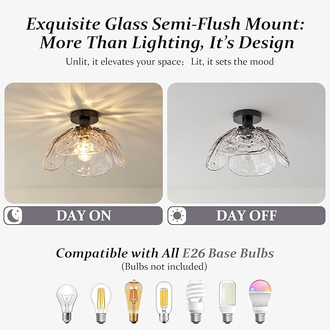 Vintage Semi Flush Mount Ceiling Light,Black Ceiling Light Fixtures with Gradient Smoke Gray Handmade Leaf Glass for Bedroom,Kitchen,Hallway,Entryway