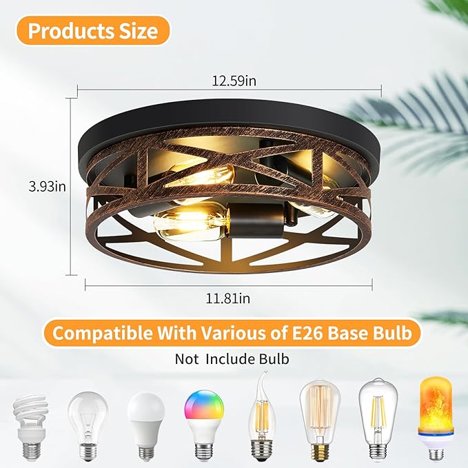 ZHU YAN Farmhouse Ceiling Light,Hallway Light Fixtures Ceiling,Rustic Metal Black 3-Light Flush Mount Light Fixture for Farmhouse,Kitchen,Entryway,Hall (1 Pack)