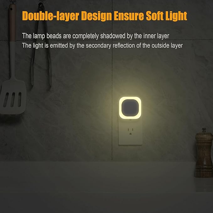 YUNLEX 6 Pack Warm White Night Light, Gentle Eye-Care with Dimmable Soft Glow & Indirect Reflection, Auto Dusk to Dawn Sensor, Plug in Nightlight for Bathroom,Kitchen, Hallway, as Mother Gifts