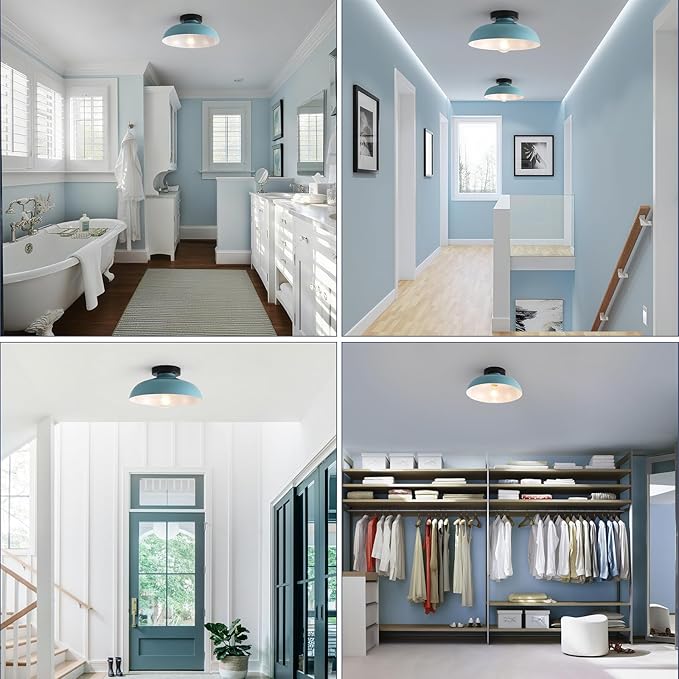 2 Pack Semi Flush Mount Ceiling Lights, 12 Inch Metal Small Ceiling Lights for Kids Room Close to Ceiling Light Fixtures with Light Blue Shade for Hallway Entryway Kitchen Bedroom Bathroom Laundry